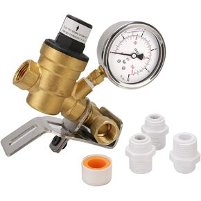 Solimeta Handle Adjustable Lead-Free Brass RV Pressure Regulator, Pressure Reducer with Liquid Filled Pressure Gauge 160psi and Inlet Screened Filter for Camper, Trailer, RV, Garden, Plumbing System