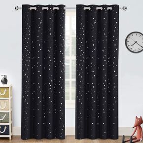 PrinceDeco Blackout Kids Curtains for Bedroom Thermal Insulated Silver Twinkle Star Curtains for Boys Antique Grommet Top Window Treatment 2 Panels Drapes for Nursery (52" W x 63" L, Grey/Silver)