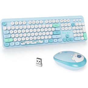GTSP Retro Wireless Typewriter Keyboard and Mouse Combo, 2.4GHz Full-Size Cute Office Computer Keyboard with Round Keycaps for Desktop Laptop and PC (Colorful Brown)