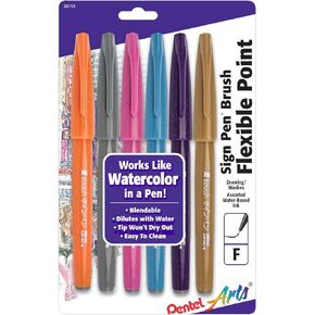 Pentel Arts Sign Pen Touch, Fude Brush Tip, 12 Assorted Colors in Marker Stand (SES15CPC12)