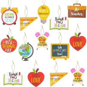 WATINC 31PCS Teacher Appreciation Wooden Ornaments, Graduation Hanging Pendants Decoration Thanksgiving Party Favor, Thank You Teachers First and Last Day of School Back to School for Classroom Decor