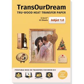 TransOurDream Tru-Wood Heat Transfer Paper for Inkjet Printer (10 Sheets, 8.5x11") Printable Iron on Transfer Paper for Wood (Inkjet 1.0)