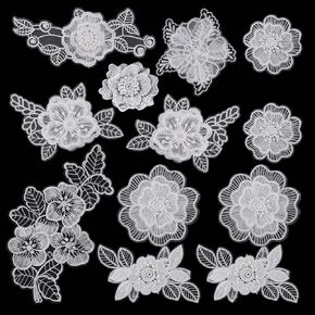 12 PCS Flower Applique White Lace Embroidered Flower Patches for Clothes 3D Floral Sew On Patches for Women's Dress Jeans Sweater Hats Shoes Bags Clothes Repairing Decorating Wedding DIY Sewing Craft