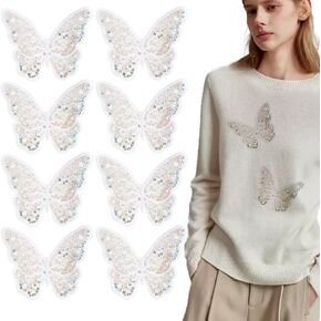 8 PCS Sequin Butterflies Iron on Patches Butterfly Applique Sparkly Embroidery Patch Costume Accessories for Dress Skirt Jean Jacket Pant Sweater Hat Shoe DIY Craft (White)