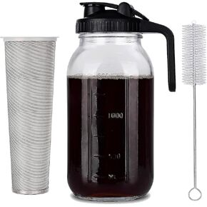 Glass Cold Brew Coffee Maker – 64 oz (2 Quart / 1.9 Liter) – Mason Jar Iced Coffee Pitcher, Durable Glass, with Stainless Steel filter, leak proof wide mouth lid and handle