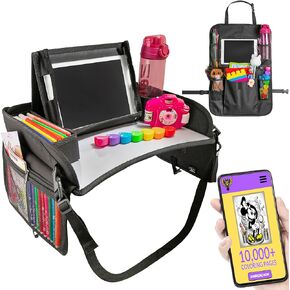 Kids Car Seat Tray with Car Backseat Organizer-kids Travel Essentials for Car & Airplane.Toddler Car Seat Tray for Road Trip Activities,Dry Erase Board,Bag &10K+ Downloadable Coloring Pages