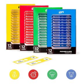 AmScope - 48pc Kids Plastic Prepared Microscope Slides of Animals, Insects, Plants, Flowers, Sample Specimens for Student Microscopes - PS-4P12X1-A
