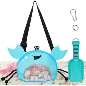AMOR PRESENT Mesh Beach Bag for Kids, Shell Collecting Bag with Shovel Crab-Shaped Seashell Bag Adjustable Strap for Holding Shell Sea Pool Sand Toy, Blue