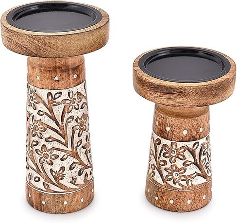 حامل شموع من خشب المانجو قطع مركزية لديكور المنزل من الخشب المزخرف للمدفأة أو غرفة المعيشة أو الطعام (مجموعة من 2) in Kuwait