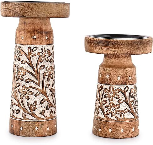 حامل شموع من خشب المانجو قطع مركزية لديكور المنزل من الخشب المزخرف للمدفأة أو غرفة المعيشة أو الطعام (مجموعة من 2) in Kuwait