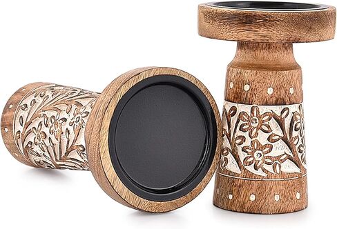 حامل شموع من خشب المانجو قطع مركزية لديكور المنزل من الخشب المزخرف للمدفأة أو غرفة المعيشة أو الطعام (مجموعة من 2) in Kuwait