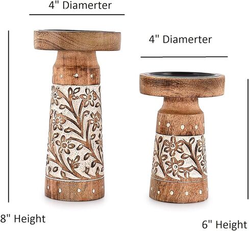 حامل شموع من خشب المانجو قطع مركزية لديكور المنزل من الخشب المزخرف للمدفأة أو غرفة المعيشة أو الطعام (مجموعة من 2) in Kuwait