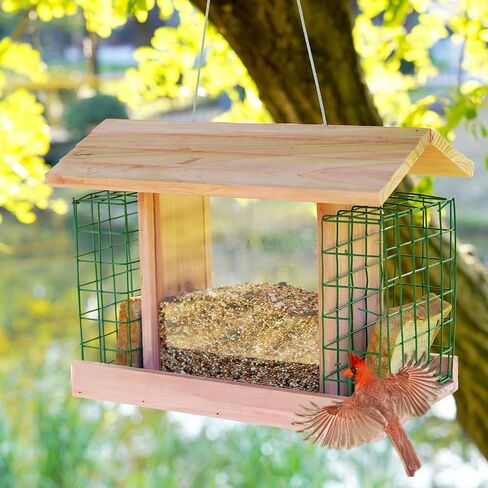 Wooden Bird Feeders for Outdoor Hanging, Large Capacity Handmade Wildbird Feeder for Outside Yard Patio Hanging with Double Suet Holder Cages, Waterproof and Durable, Nature in Saudi Arabia