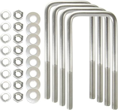 صُنع في الولايات المتحدة الأمريكية (4) 304 مسامير على شكل حرف U مربعة من الفولاذ المقاوم للصدأ بقطر 1/2 بوصة × العرض الداخلي 3-1/16 بوصة × الارتفاع الداخلي 7-5/16 بوصة مع غسالات قفل SS، وصواميل، وغسالات للقوارب ومقطورات المرافق يناسب أكثر من 3 بوصات معدني in Kuwait