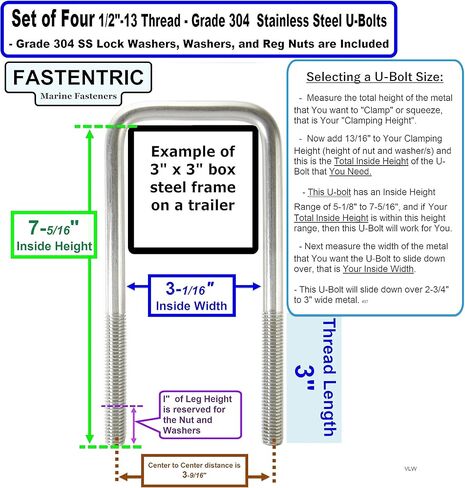 صُنع في الولايات المتحدة الأمريكية (4) 304 مسامير على شكل حرف U مربعة من الفولاذ المقاوم للصدأ بقطر 1/2 بوصة × العرض الداخلي 3-1/16 بوصة × الارتفاع الداخلي 7-5/16 بوصة مع غسالات قفل SS، وصواميل، وغسالات للقوارب ومقطورات المرافق يناسب أكثر من 3 بوصات معدني in Kuwait