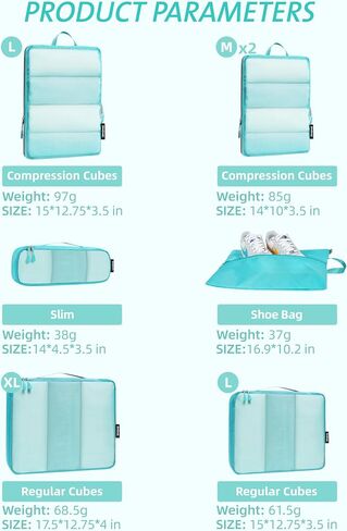 Bagail Ultralight Packing Cubes 7 Set, 3 Compression Packing Cubes 3 Packing Organizers With 1 Shoe Bag in Kuwait
