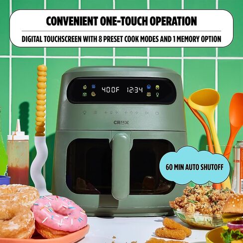 مقلاة هوائية رقمية CRUX x Marshmello 8.0 QT مع تقنية TurboCrisp، والتحكم في درجة الحرارة بشاشة تعمل باللمس، ومؤقت وإيقاف تلقائي، قابلة للبرمجة بالكامل، متضمنة بطانة سيليكون، زيتوني in Kuwait