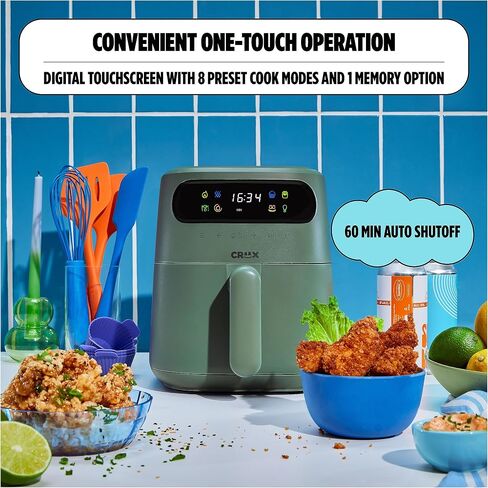 مقلاة هوائية رقمية CRUX x Marshmello 8.0 QT مع تقنية TurboCrisp، والتحكم في درجة الحرارة بشاشة تعمل باللمس، ومؤقت وإيقاف تلقائي، قابلة للبرمجة بالكامل، متضمنة بطانة سيليكون، زيتوني in Kuwait