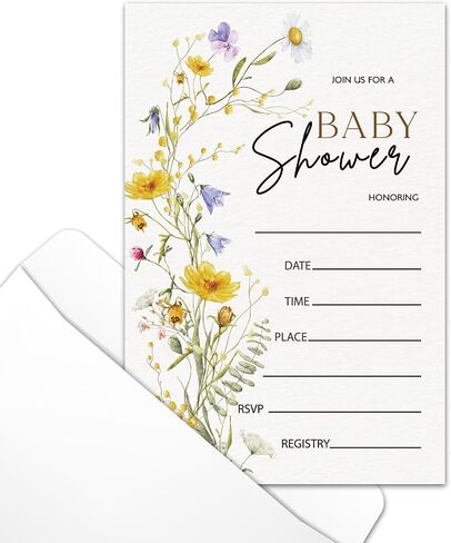Floral Wildflower Baby Shower Party Invitations with Envelopes, Wildflowers Double-Sided Fill-In Invites for Gender Reveal Baby Announcement, Baby Shower Party Supplies Decorations - A018 in Kuwait