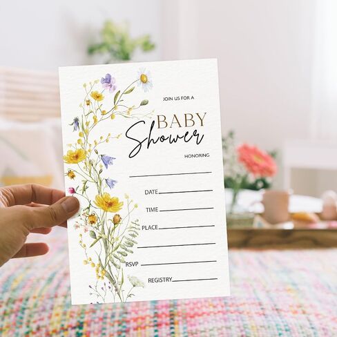 Floral Wildflower Baby Shower Party Invitations with Envelopes, Wildflowers Double-Sided Fill-In Invites for Gender Reveal Baby Announcement, Baby Shower Party Supplies Decorations - A018 in Kuwait