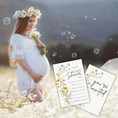 Floral Wildflower Baby Shower Party Invitations with Envelopes, Wildflowers Double-Sided Fill-In Invites for Gender Reveal Baby Announcement, Baby Shower Party Supplies Decorations - A018 in Kuwait