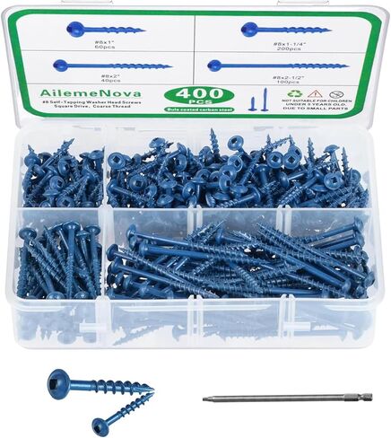 مجموعة متنوعة من 400 قطعة من براغي ثقب الجيب، 4 مقاسات #8 × 1 بوصة، 1-1/4 بوصة، 2 بوصة، 2-1/2 بوصة، براغي خشبية ذات خيط خشن مع محرك مربع، مطلية باللون الأزرق، ذاتية التنصت، تتضمن لقمة محرك in Kuwait