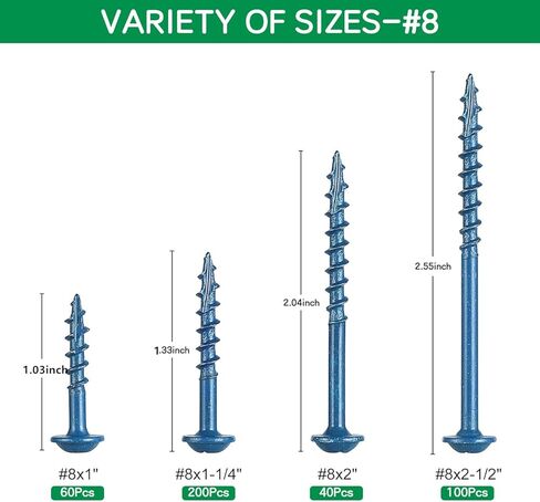 مجموعة متنوعة من 400 قطعة من براغي ثقب الجيب، 4 مقاسات #8 × 1 بوصة، 1-1/4 بوصة، 2 بوصة، 2-1/2 بوصة، براغي خشبية ذات خيط خشن مع محرك مربع، مطلية باللون الأزرق، ذاتية التنصت، تتضمن لقمة محرك in Kuwait