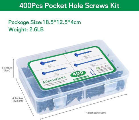مجموعة متنوعة من 400 قطعة من براغي ثقب الجيب، 4 مقاسات #8 × 1 بوصة، 1-1/4 بوصة، 2 بوصة، 2-1/2 بوصة، براغي خشبية ذات خيط خشن مع محرك مربع، مطلية باللون الأزرق، ذاتية التنصت، تتضمن لقمة محرك in Kuwait