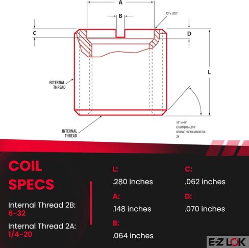 E-Z LOK - 329-006 E-Z Lok Externally Threaded Insert, C12L14 Carbon Steel, Meets AISI 12L14, #6-32 Internal Threads, 1/4"-20 External Threads, 0.280" Length, Made in US (Pack of 10) in Saudi Arabia