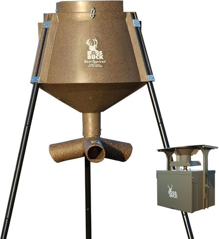 جهاز تغذية/صيد الغزلان من بوس باك بوزن 350 رطل، متين وخفيف الوزن ومحمي من الأشعة فوق البنفسجية ومقاوم للرياح ومقاوم للماء مع رأس 3 أنابيب تغذية بروتين، ونظام تسليم تلقائي دوار 12 فولت وأرجل مستديرة متعددة القطع in Kuwait