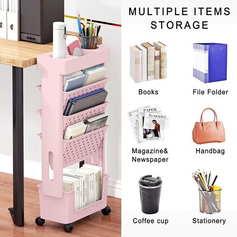 5 Tier Rolling Utility Cart Multi-Functional Movable Storage Book Shelves with Lockable Casters for Study Office Living Room Classroom, Black in Saudi Arabia