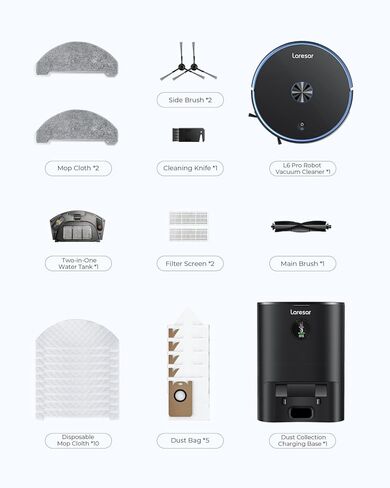 مجموعة مكنسة وممسحة روبوت لاريسار، مكنسة كهربائية روبوتية بقدرة 3500 باسكال مع محطة تفريغ ذاتية سعة 3.5 لتر، مكنسة روبوت 3 في 1 مع نظام ملاحة ليدار، تحكم ذكي في التطبيقات، لشعر الحيوانات الأليفة/الأرضيات/السجاد (L6 Pro) in Kuwait