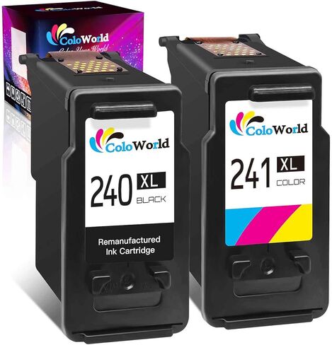 استبدال خرطوشة الحبر المعاد تصنيعها من ColoWorld لطابعة Canon PG-240XL CL-241XL لطابعة Pixma MG3620 MG3600 MX452 MG2120 MG3520 MX472 MG3220 MX432 MG2220 MX512 MG3122 MG3222 (1 أسود، 1 لون) in Kuwait