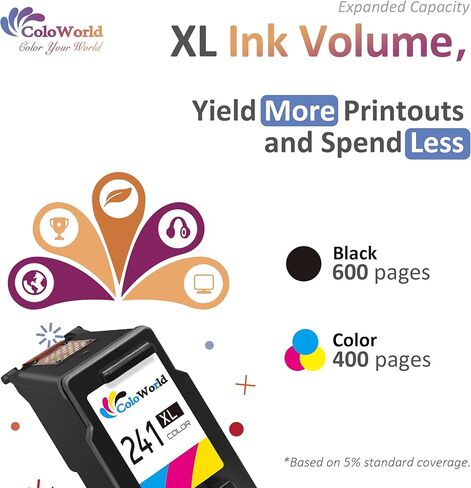 استبدال خرطوشة الحبر المعاد تصنيعها من ColoWorld لطابعة Canon PG-240XL CL-241XL لطابعة Pixma MG3620 MG3600 MX452 MG2120 MG3520 MX472 MG3220 MX432 MG2220 MX512 MG3122 MG3222 (1 أسود، 1 لون) in Kuwait