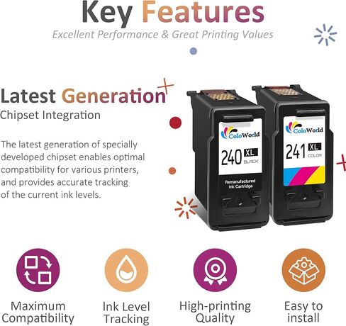 استبدال خرطوشة الحبر المعاد تصنيعها من ColoWorld لطابعة Canon PG-240XL CL-241XL لطابعة Pixma MG3620 MG3600 MX452 MG2120 MG3520 MX472 MG3220 MX432 MG2220 MX512 MG3122 MG3222 (1 أسود، 1 لون) in Kuwait
