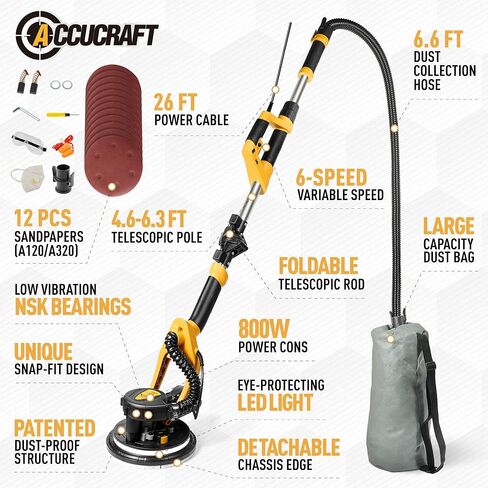 [نسخة مطورة] ماكينة صنفرة الحوائط الجافة الكهربائية مع مكنسة كهربائية، 800 وات، تصميم خالٍ من الغبار ممتص للغبار تلقائيًا، 6 سرعات متغيرة 500-1800 دورة في الدقيقة، سلك طاقة 26 بوصة، ضوء LED، أشرطة موفرة للعمالة، لسقف الفشار in Kuwait