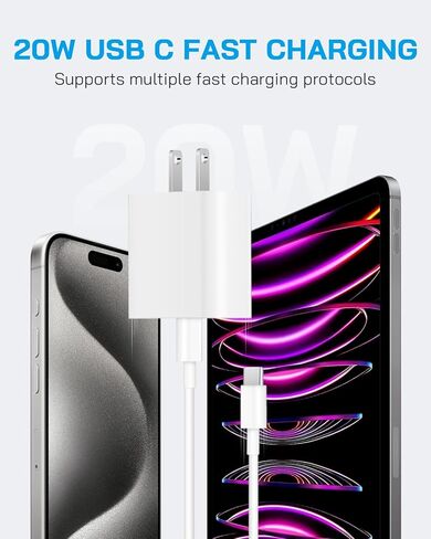شاحن iPhone 15، شاحن iPad Pro [معتمد من MFi] كتلة شاحن سريع USB C بقدرة 20 وات مع سلك كابل شحن سريع USB C إلى C بطول 6 أقدام لأجهزة iPhone 15/15 Pro/15 Pro Max/15 Plus، وiPad Pro 12.9 بوصة/11 بوصة والمزيد in Kuwait