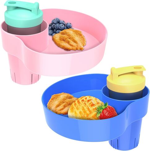 Kids Car Seat Snack Tray: Travel Trays for Kids Car Cup Holder, 2PCS Toddler Road Trip Essential, Travel Snacks Food Plate for Stroller, Boosters, and Anywhere with a Cup Holder -Blue&Pink in Saudi Arabia