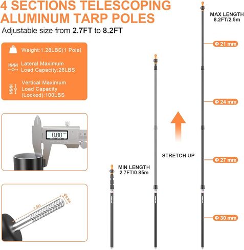 أعمدة خيمة كامولاند، أعمدة قماش القنب شديدة التحمل، أعمدة المظلة، أعمدة خيمة من الألومنيوم مع قاعدة مخروطية غير قابلة للانزلاق، أعمدة قماش القنب تلسكوبية قابلة للتعديل in Kuwait