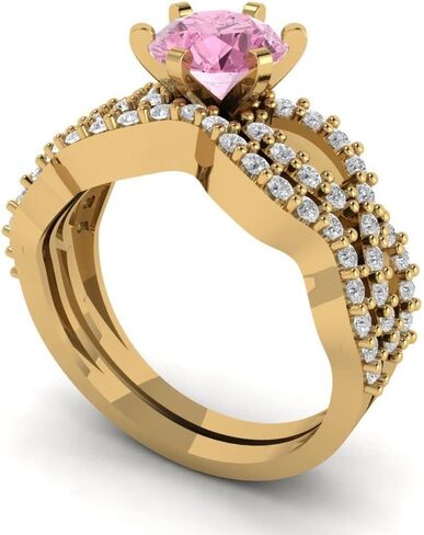مجموعة زفاف Clara Pucci 14K Gold Gold - محاكاة من الماس الوردي المحاكاة مع لهجات خاتم الخطوبة ومكدس فرقة زفاف الماس المحاكاة للنساء - مجموعة المشاركة الزفاف in Saudi Arabia