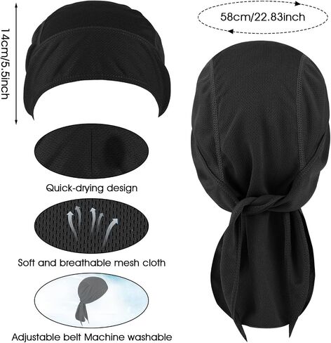 Larrel 2 Pcs Durags for Men, Quick Drying Dew Rags Head Cap Sports Sweat Wicking Beanie Cooling Do Rags Head Wrap Bandana for Men Women Running Cycling Motorcycle Outdoor Activities (Black) in Saudi Arabia