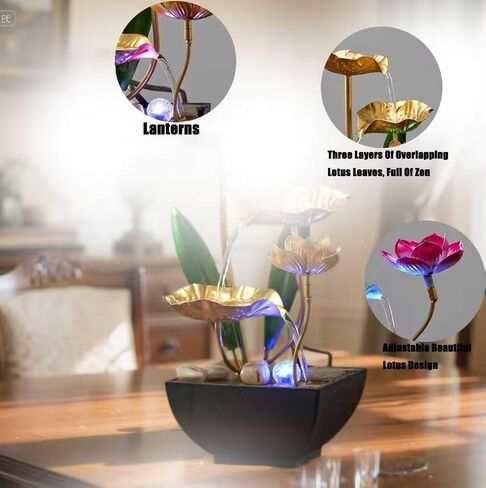 Tabletop Fountain 3-Tiers Leaf: Small Indoor Waterfall Fountains with Rocks - Lotus Waterfall Fountain Zen Fountains Blue in Saudi Arabia