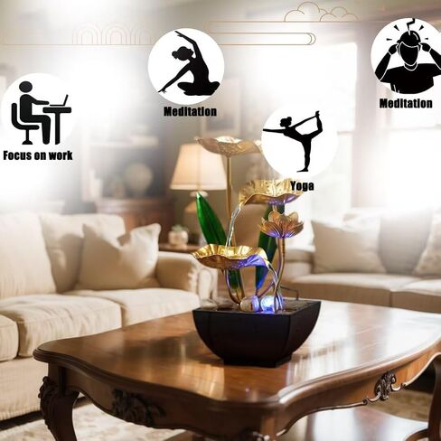 Tabletop Fountain 3-Tiers Leaf: Small Indoor Waterfall Fountains with Rocks - Lotus Waterfall Fountain Zen Fountains Blue in Saudi Arabia