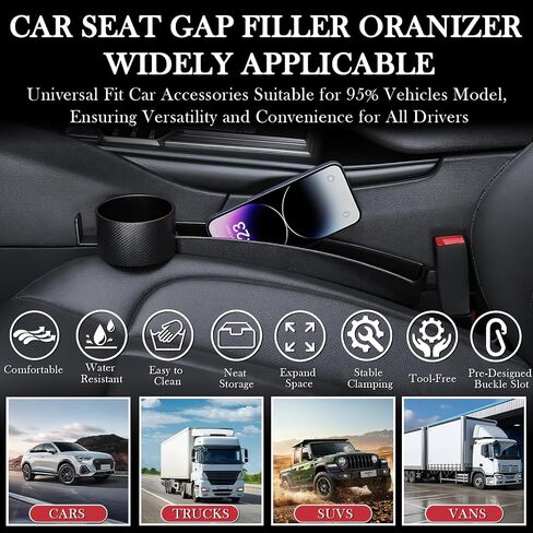 Car Seat Gap Filler Set of 2, Upgraded Car Side Seat Gap Fillers with Organizer, Cup Holder & Hook Function, Inserts Between Front Seats Console Catcher 4in1 Gap Stopper Fill Plug Storage Box (Black) in Saudi Arabia