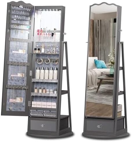LED Jewelry Cabinet with Full-Length Mirror, 360° Rotating Dresser, Lockable Storage for Accessories, Stylish Black Design - Perfect for Home Use in Saudi Arabia