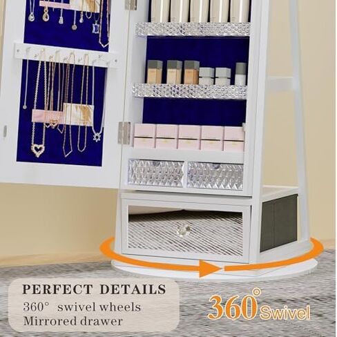 LED Jewelry Cabinet with Full-Length Mirror, 360° Rotating Dresser, Lockable Storage for Accessories, Stylish Black Design - Perfect for Home Use in Saudi Arabia