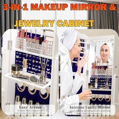 LED Jewelry Cabinet with Full-Length Mirror, 360° Rotating Dresser, Lockable Storage for Accessories, Stylish Black Design - Perfect for Home Use in Saudi Arabia
