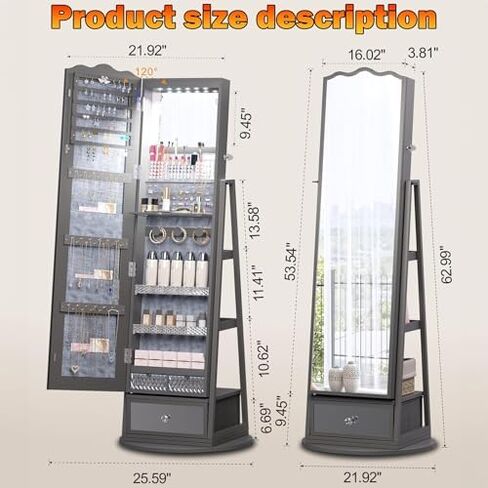 LED Jewelry Cabinet with Full-Length Mirror, 360° Rotating Dresser, Lockable Storage for Accessories, Stylish Black Design - Perfect for Home Use in Saudi Arabia