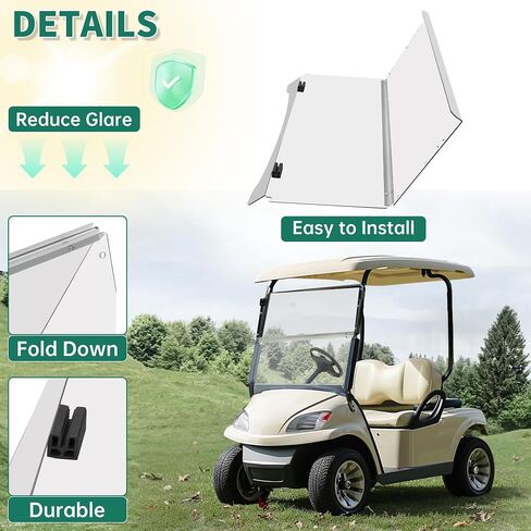 واضحة الزجاج الأمامي المتوافق مع 2007-2016 Yamaha Drive G29 نماذج غاز أو كهربائية قابلة للطي للهبوط المقاوم للأثر 38.75 "W × 35.75" H in Kuwait