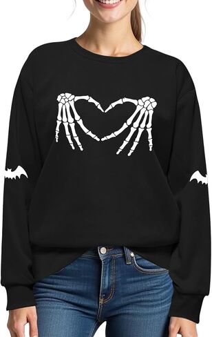 Halloween Sweatshirts for Women:Skull Graphic Crewneck Long Sleeve Tops Lightweight Pullover Sweatshirts in Kuwait